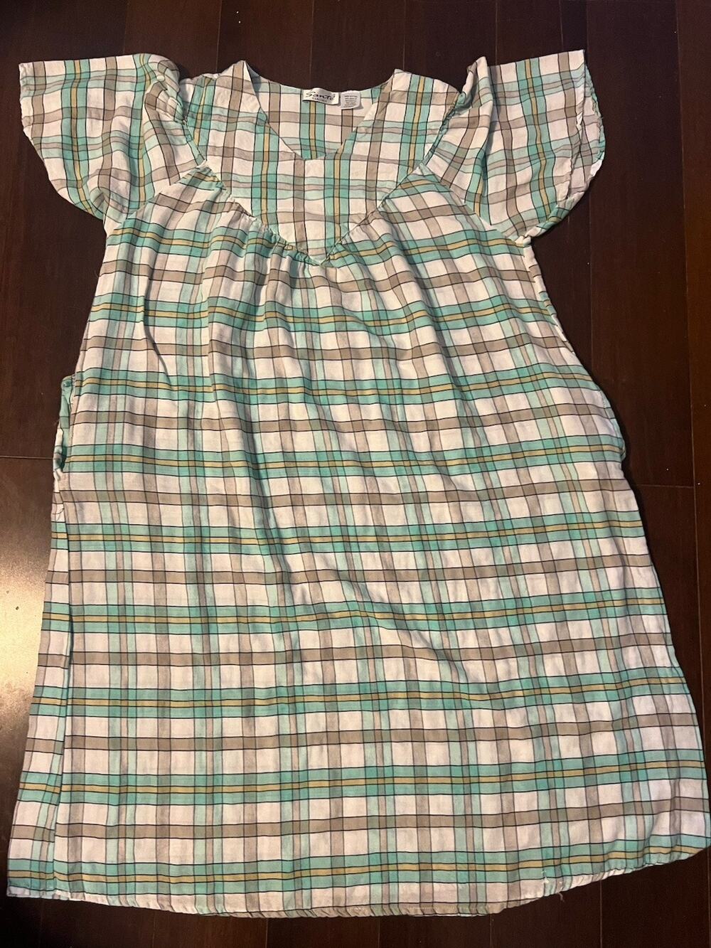 Vtg Sante Classics Muumuu House Dress Gown One Size 100% Cotton Plaid Teal M L